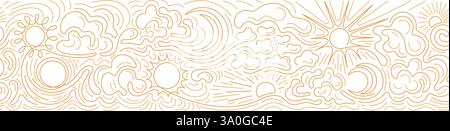 Soleil, lune, nuage. Esquisse de ligne motif sans couture dans un style minimal. Frise dorée vectorielle sur fond blanc. Conception graphique. Textile cosmique Illustration de Vecteur