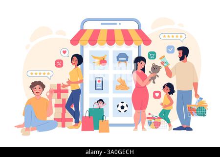 Les gens qui font des achats en ligne. La famille heureuse et le couple achètent des marchandises via l'application mobile, le grand écran de smartphone, le paiement à distance, les clients magasinent à plat de dessin animé Illustration de Vecteur