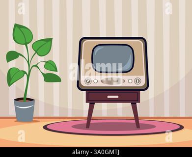 Intérieur de la chambre avec télévision ancienne. Maison de chambre rétro, ancienne technologie des médias, tapis et plante. Écran vide. téléviseur vintage. Nostalgie maison. Dessin animé plat Illustration de Vecteur