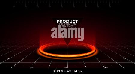Anneau lumineux rouge au néon sur le sol. Cercle podium ou téléport. Présentoir futuriste pour accessoires de jeu. Fond rouge futuriste hi-tech pour Illustration de Vecteur