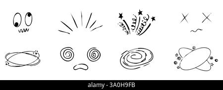 Effet vertigineux, maux de tête, dessin malade doodle ensemble comique. visages vertigineux, étoiles au-dessus des émotions animées, collection de lignes dessinées à la main folle. Illustration vectorielle Illustration de Vecteur