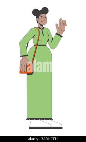 Femme noire modeste dans une longue robe verte avec sac à main agitant la main personnage de dessin animé 2D. Illustration de Vecteur