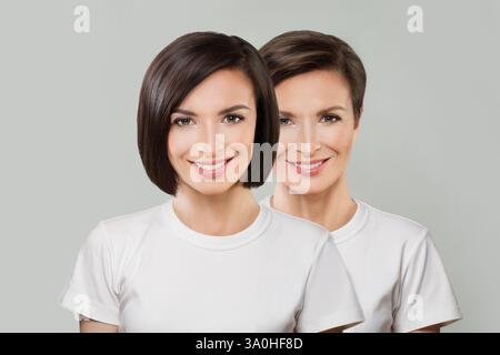 Jeune femme modèle positive et femme mature. Ensemble de collage de deux visages féminins. Banque D'Images