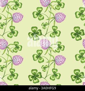 Motif aquarelle sans couture avec des feuilles de trèfle et des fleurs de trèfle rose sur un fond pastel doux. Idéal pour : Patricks Day, textiles, emballage Banque D'Images