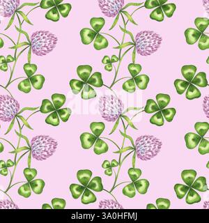 Motif aquarelle sans couture avec des feuilles de trèfle et des fleurs de trèfle rose sur un fond pastel doux. Idéal pour : Patricks Day, textiles, emballage Banque D'Images
