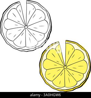 Silhouette de tranche de citron. Citron d'encre de ligne graphique dessiné à la main isolé sur fond blanc. illustration vectorielle. Silhouette noire citron. Illustration de Vecteur