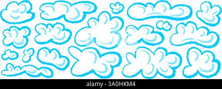 Nuage bleu moelleux de dessin animé rond doux. Jeu de vecteurs de craie. Crayons de cire dessinés à la main sur fond blanc. Texture dessinée au pastel. Forme de bulle isolée. COM Illustration de Vecteur