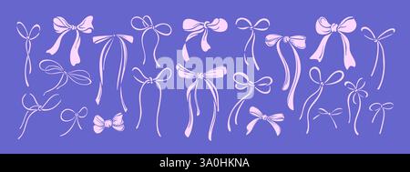 Collection de nœuds d'arc rétro dessinée à la main. Rubans vectoriels, noeuds en soie pour cadeaux, noeuds présents et emballage isolé. Bowknot pour la décoration, la célébration Illustration de Vecteur