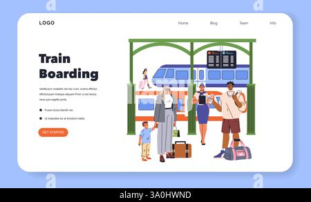 Concept de voyage en train. Voyageurs qui se préparent à monter à bord d'un train dans une gare très fréquentée. Différentes personnes illustrent l'excitation et l'anticipation d'un voyage. Les différents styles de bagages reflètent la diversité des expériences de voyage. Illustration vectorielle. Illustration de Vecteur