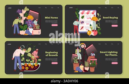 Concept de mini fermes. Une représentation des mini-fermes modernes axées sur l'achat de semences, les processus de croissance et l'éclairage intelligent pour les plantes. Parfait pour promouvoir des idées de jardinage urbain durable. Illustration vectorielle. Illustration de Vecteur