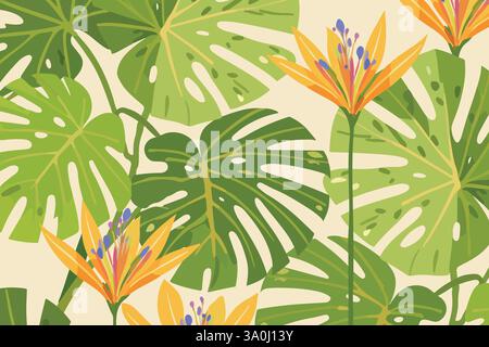 Illustration vectorielle de feuillage tropical. Feuilles luxuriantes et fleurs exotiques, dans un design botanique. Éléments abstraits parfaits pour les impressions, les arrière-plans et d Illustration de Vecteur