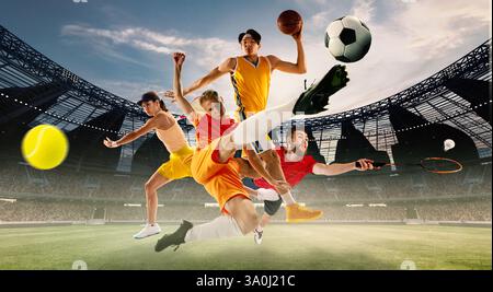 Image composite. Des athlètes énergiques de différents sports concourent sous les lumières du stade sur un terrain herbeux. Collage. Concept de jeux de sport. Banque D'Images
