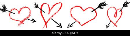 Ensemble de signes de coeurs rouges dessinés au crayon de cire. Symboles d'amour dans le style doodle. Collection de coeurs dessinés à la main avec flèche noire coincée dans son, Valentines Illustration de Vecteur