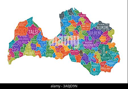 Lettonie Shape. Nuage de mots de pays avec division de région. Lettonie illustration colorée. Nuage de noms de région. Illustration vectorielle. Illustration de Vecteur