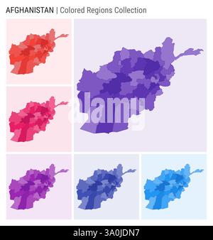 Collection de cartes de l'Afghanistan. Forme de pays avec régions colorées. Violet foncé, rouge, rose, violet, indigo, palettes de couleurs bleues. Illustration de Vecteur