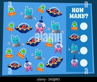 Combien d'extraterrestres avec des vaisseaux spatiaux. Feuille de travail pour enfants d'âge préscolaire. Test du classeur. Comptage mathématique. Tri du quiz. Jeu d'enfants. Monstres spatiaux de dessins animés. Rechercher ID Illustration de Vecteur