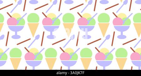 Cuillères à crème glacée, tube à biscuits, cuillère dans un bol à crème glacée et cône de crème glacée Pistachio Seamless Pattern. Illustration vectorielle isolée fond d'écran Web promo brochures, cartes, affiche, bannière, étiquette Illustration de Vecteur