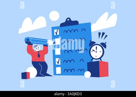 Liste de contrôle. Plan des tâches. Enquête ou liste de contrôle. Personnage d'homme d'affaires écrire dans le document. Petite personne tenant un gros crayon. Objectif atteint. Date limite Illustration de Vecteur