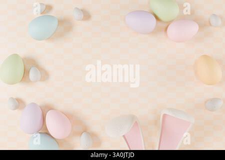 Image Easterthemed avec des œufs colorés et des oreilles de lapin sur un fond pastel doux. rendu 3d. Banque D'Images