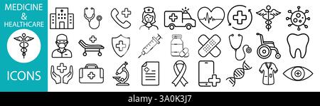 Jeu d'icônes médicales. Contenant médecin, médecine, hôpital, traitement, soins de santé, infirmière, clinique de pilules et plus collection d'icônes vectorielles Illustration de Vecteur