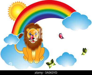Lion de dessin animé avec des papillons sur des nuages arc-en-ciel. Illustration de Vecteur
