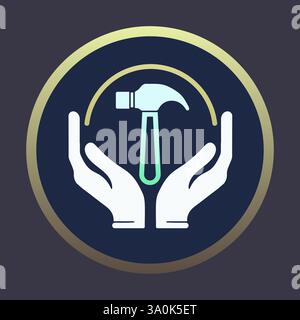 Vector Hands Holding Hammer pour la construction dans le cercle signe symbole icône logo Design inspiration. Illustration de Vecteur
