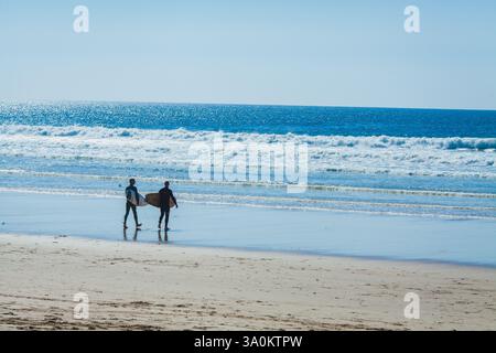 Dans cette scène de plage sereine, deux surfeurs marchent vers l’océan avec leurs planches à la main, vêtus de combinaisons. La lumière brillante du soleil brille Banque D'Images