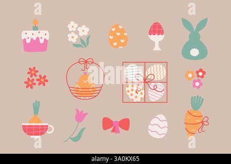 Œufs de Pâques mignons simples, poussin, lapin, gâteau. Dessins animés vectoriels modernes illustrations de Pâques pour autocollant, carte, invitation, merch de vacances. Illustration de Vecteur