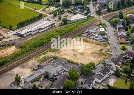 Vue aérienne, chantier sur Heerstraße, en face du supermarché Netto et KiK Speldorf sur Wissollstraße, voies ferrées et passages à niveau, SP Banque D'Images