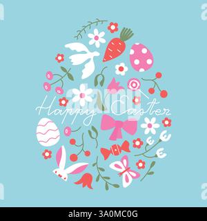 Bonne bannière festive de Pâques, modèle de carte pour les vacances. Joli cadre en forme d'oeuf de printemps avec oiseau, fleurs, lapin. Illustration de Vecteur