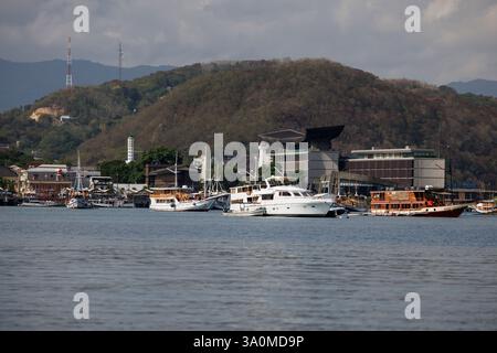 Vue du port de Labuan Bajo, est de Nusa Tenggara, Indonésie. Labuan Bajo est le point de départ pour les croisières au parc national de Komodo. Banque D'Images