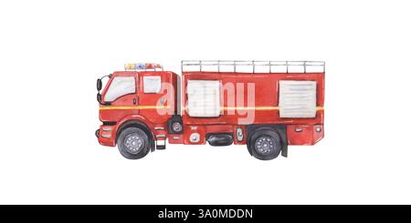 Camion de secours d'incendie aquarelle isolé Banque D'Images