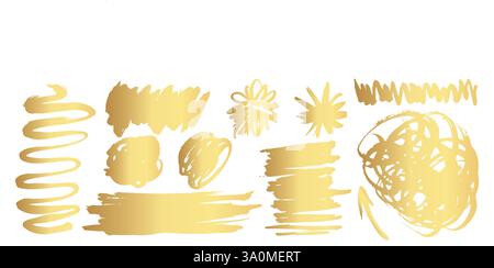 Coups de pinceau Gold Ink. Pinceau doré. Taches de peinture dorées. Coloration dorée vectorielle. Peinture dorée et coups de pinceau. Jeu de traits de peinture en or vectoriel Illustration de Vecteur