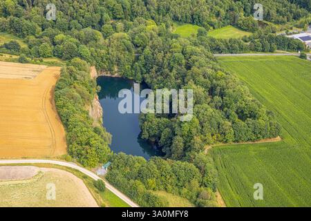 Vue aérienne, carrières Drewer avec lac, zone forestière, Belecke, Warstein, Sauerland, Rhénanie du Nord-Westphalie, Allemagne Banque D'Images
