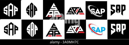 Conception de logo de lettre SAP dans le style six. SAP polygone, cercle, triangle, hexagone, style plat et simple avec couleur noir et blanc variation lettre logo se Illustration de Vecteur