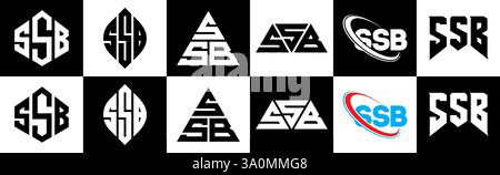 Conception de logo de lettre SSB dans le style six. SSB polygone, cercle, triangle, hexagone, style plat et simple avec variation de couleur noir et blanc lettre logo se Illustration de Vecteur