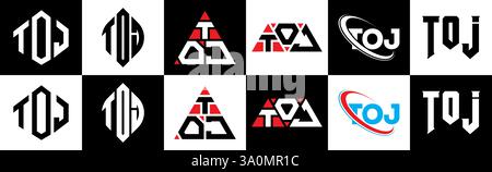 Logo TOJ Letter dans le style six. TOJ polygone, cercle, triangle, hexagone, style plat et simple avec variation de couleur noir et blanc lettre logo se Illustration de Vecteur