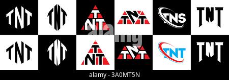 Conception de logo de lettre TNT dans le style six. TNT polygone, cercle, triangle, hexagone, style plat et simple avec couleur noir et blanc variation lettre logo se Illustration de Vecteur