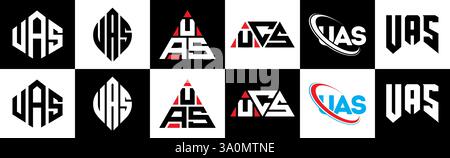Design de logo de lettre UAS dans le style six. UAS polygone, cercle, triangle, hexagone, style plat et simple avec variation de couleur noir et blanc lettre logo se Illustration de Vecteur