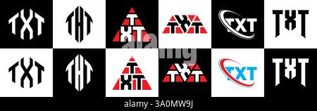 Logo de lettre TXT dans le style six. TXT polygone, cercle, triangle, hexagone, style plat et simple avec couleur noir et blanc variation lettre logo se Illustration de Vecteur