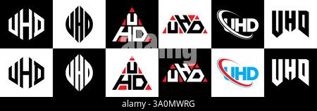 Design de logo de lettre UHD dans le style six. UHD polygone, cercle, triangle, hexagone, style plat et simple avec couleur noir et blanc variation lettre logo se Illustration de Vecteur