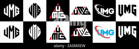 Design de logo de lettre UMG dans le style six. UMG polygone, cercle, triangle, hexagone, style plat et simple avec couleur noir et blanc variation lettre logo se Illustration de Vecteur