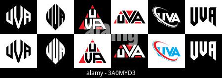 Design de logo de lettre UVA dans le style six. UVA polygone, cercle, triangle, hexagone, style plat et simple avec variation de couleur noir et blanc lettre logo se Illustration de Vecteur