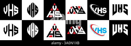 Conception de logo de lettre VHS dans le style six. Polygone VHS, cercle, triangle, hexagone, style plat et simple avec lettre de variation de couleur noir et blanc logo se Illustration de Vecteur