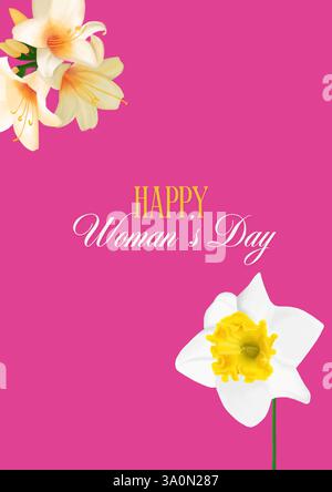 Carte de vœux pour la Journée de la femme pour le 8 mars. Célébrez la journée internationale des femmes. Carte rose avec jonquille et lis. Banque D'Images