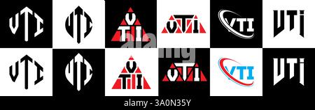 Conception de logo de lettre VTI dans le style six. VTI polygone, cercle, triangle, hexagone, style plat et simple avec variation de couleur noir et blanc lettre logo se Illustration de Vecteur