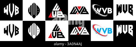Conception de logo de lettre WVB dans le style six. WVB polygone, cercle, triangle, hexagone, style plat et simple avec variation de couleur noir et blanc lettre logo se Illustration de Vecteur