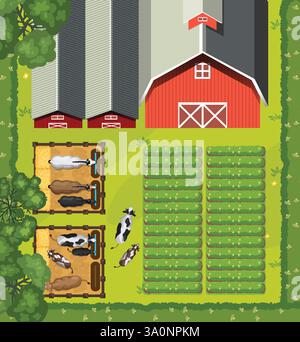 Illustration de granges, champs et animaux de pâturage Illustration de Vecteur