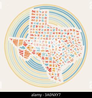 Affiche Texas Round. Image de style typographique de State. Comtés nuages de mots du Texas. Design d'image vintage avec texture de grattage. Illustration de Vecteur