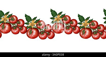 Illustration aquarelle d'une bordure sans couture avec des branches de tomates, des feuilles et des fleurs. Convient pour l'emballage, les menus, les livres de cuisine, les textiles et la publicité. Banque D'Images